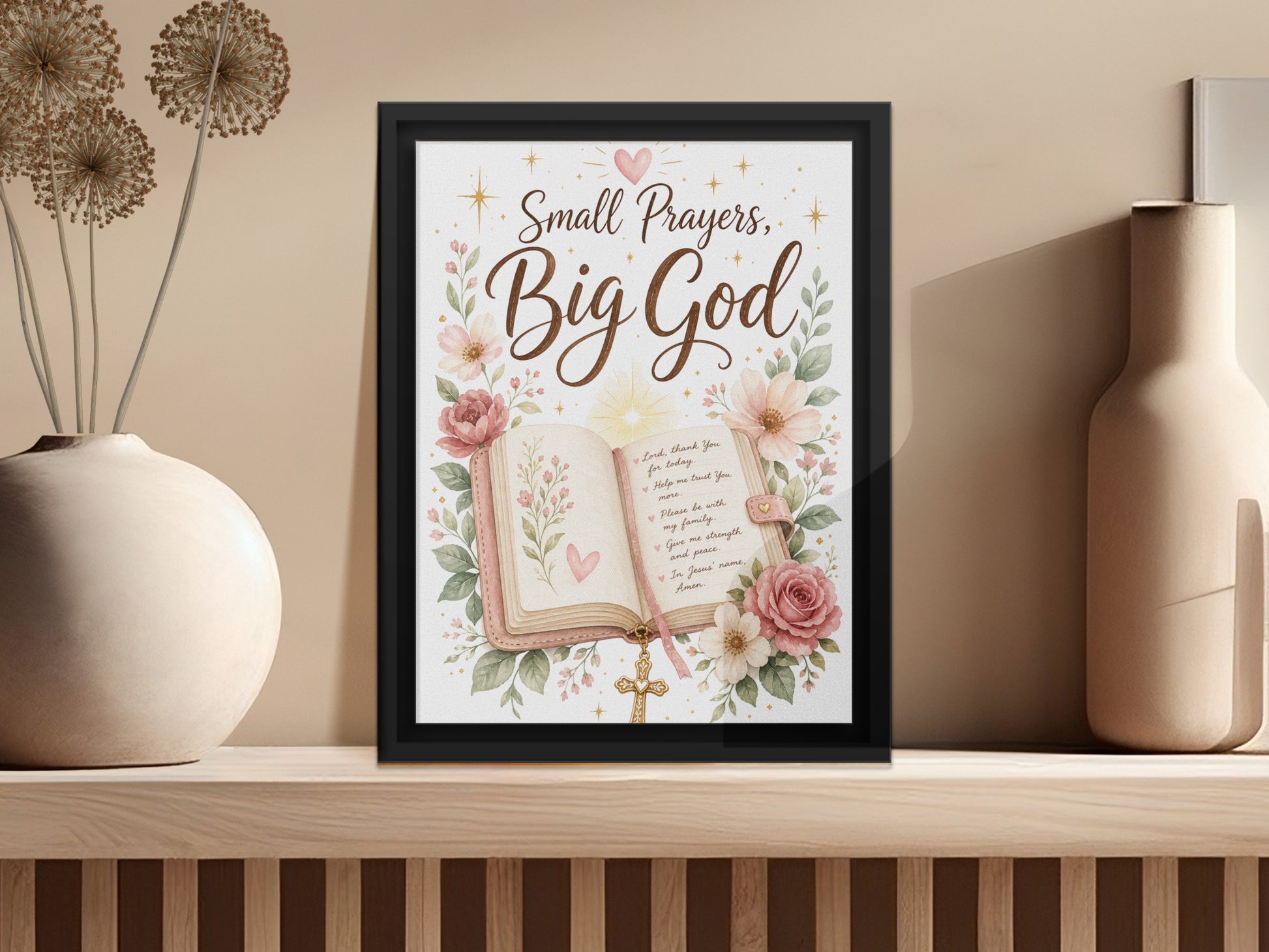 "Small Prayers, Big God" framed art with open book, cross, and floral accents.