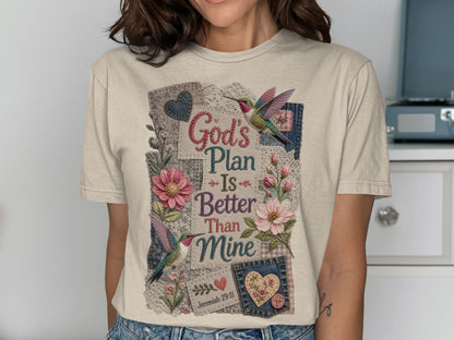 Cream t-shirt with "God's Plan Is Better Than Mine" and floral hummingbird design.