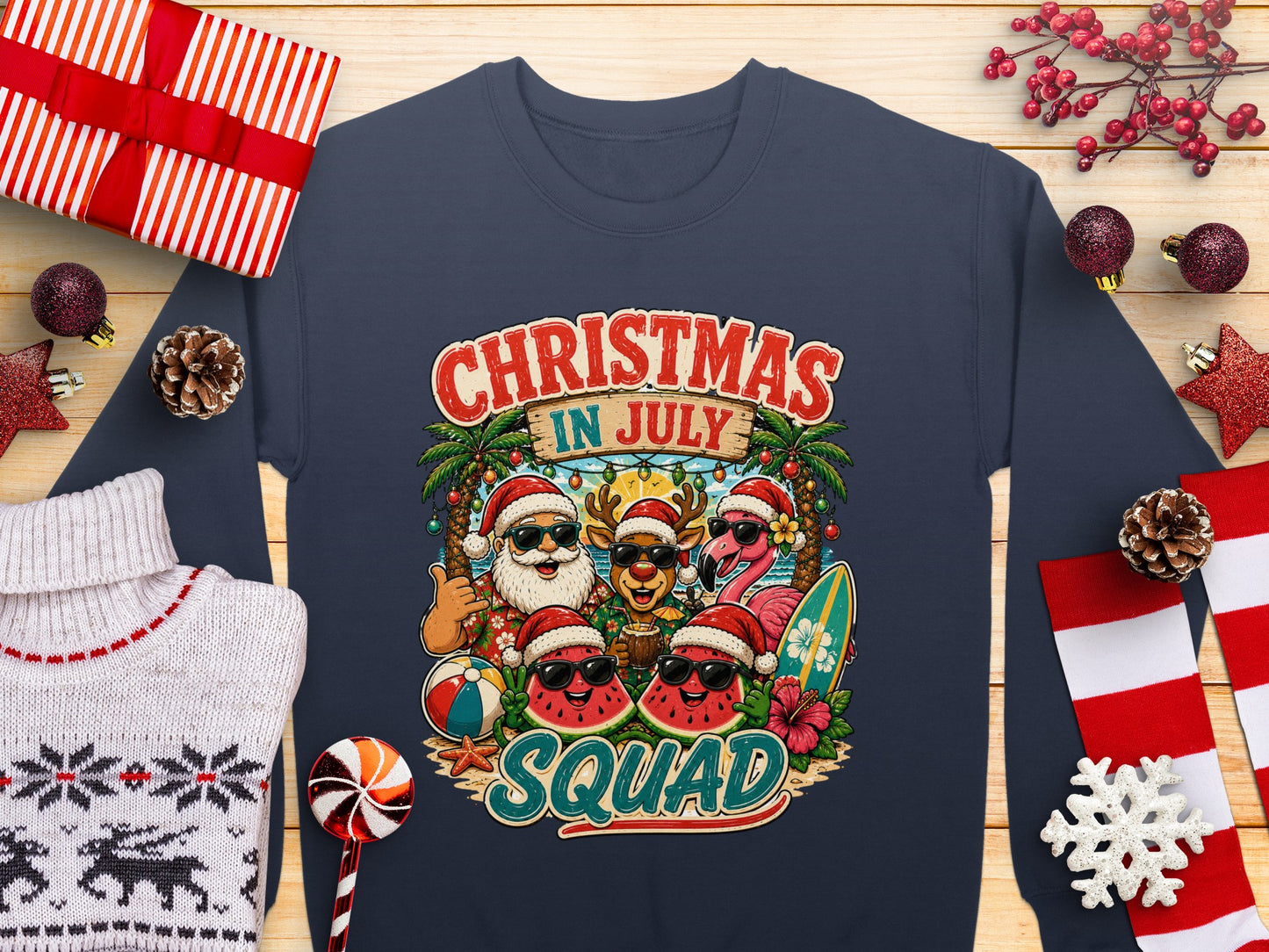 Christmas in July Squad graphic with Santa, reindeer, and snowmen on beach.