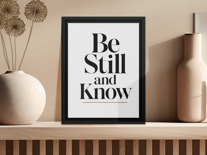 Framed artwork with "Be Still and Know" text, alongside decorative vases.
