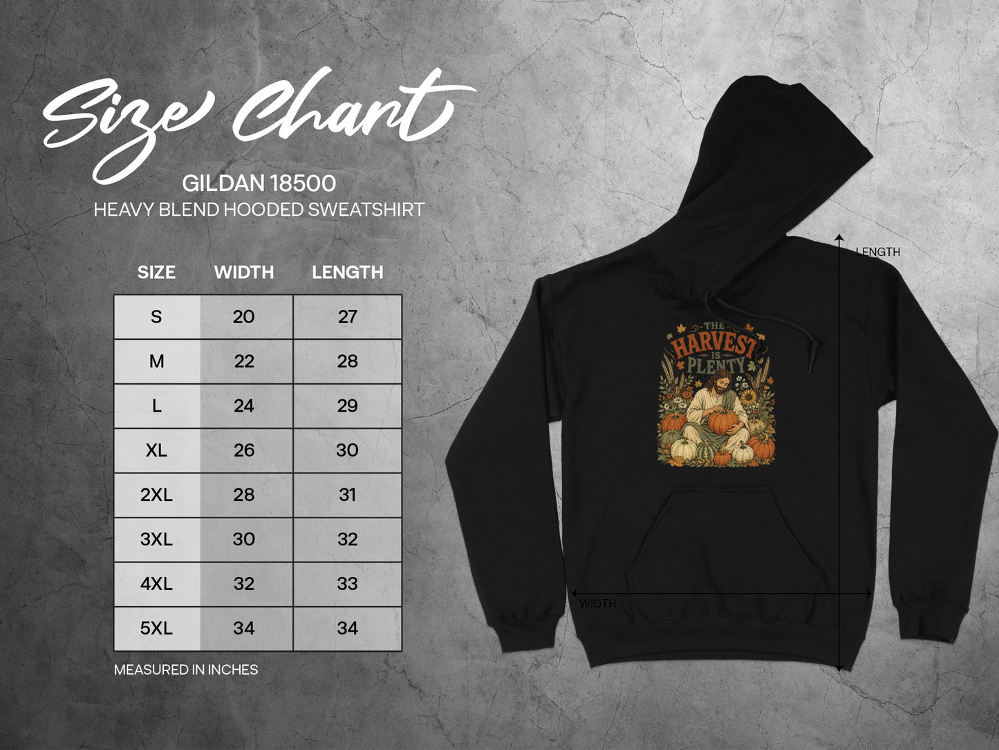 Gildan 18500 size chart for hooded sweatshirts, showing width and length measurements.
