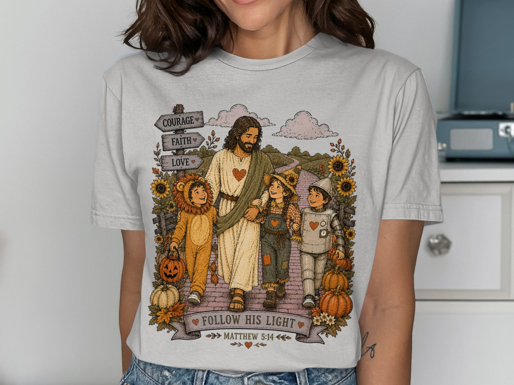 Jesus walking with children dressed as a lion, scarecrow, and robot.