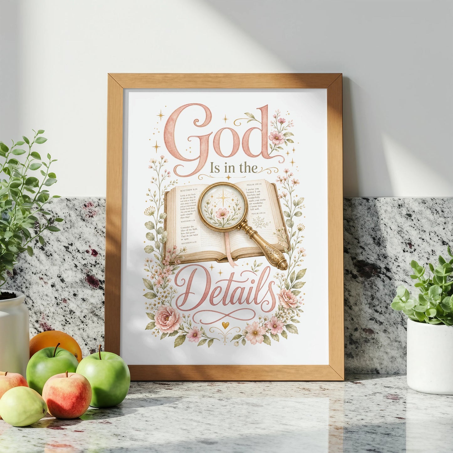 Framed artwork with "God Is in the Details" text and floral accents.