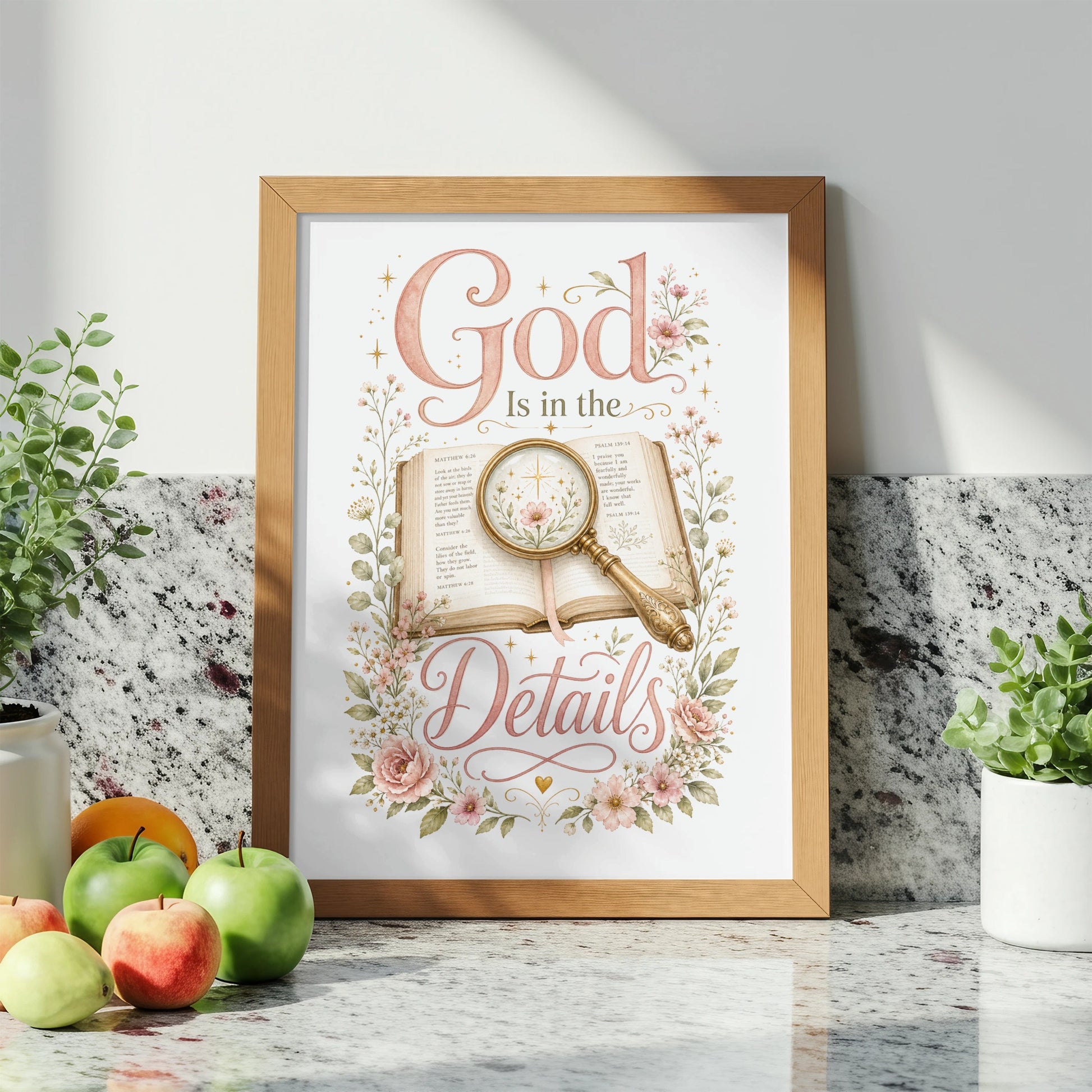 Framed artwork with "God Is in the Details" text and floral accents.