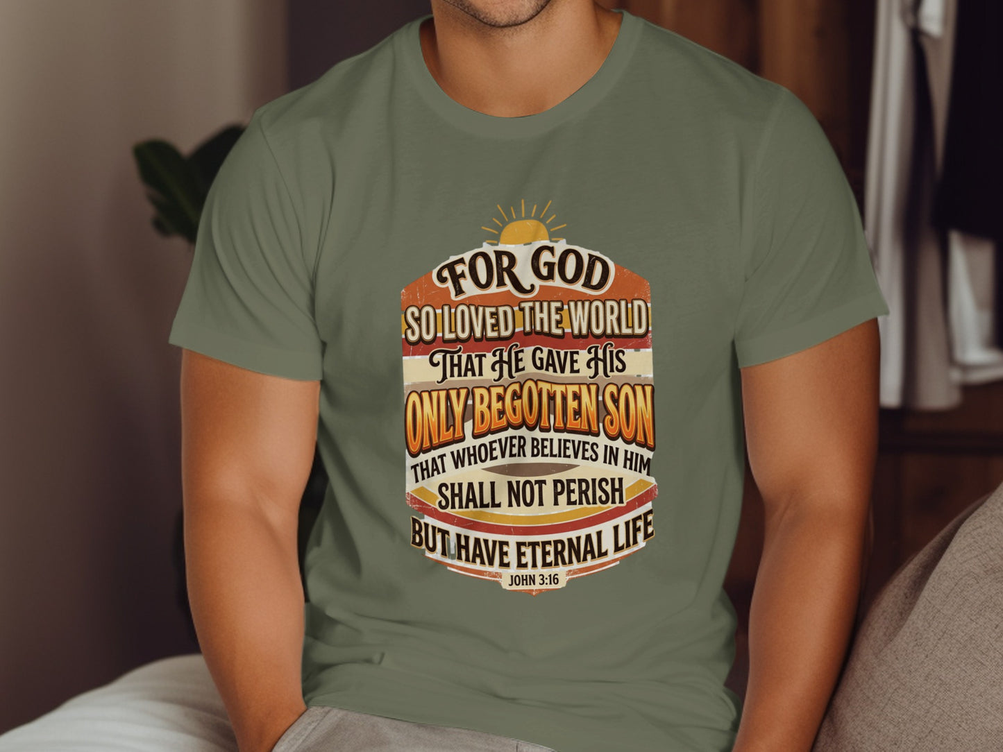 T-shirt with John 3:16 scripture in a distressed, vintage style.