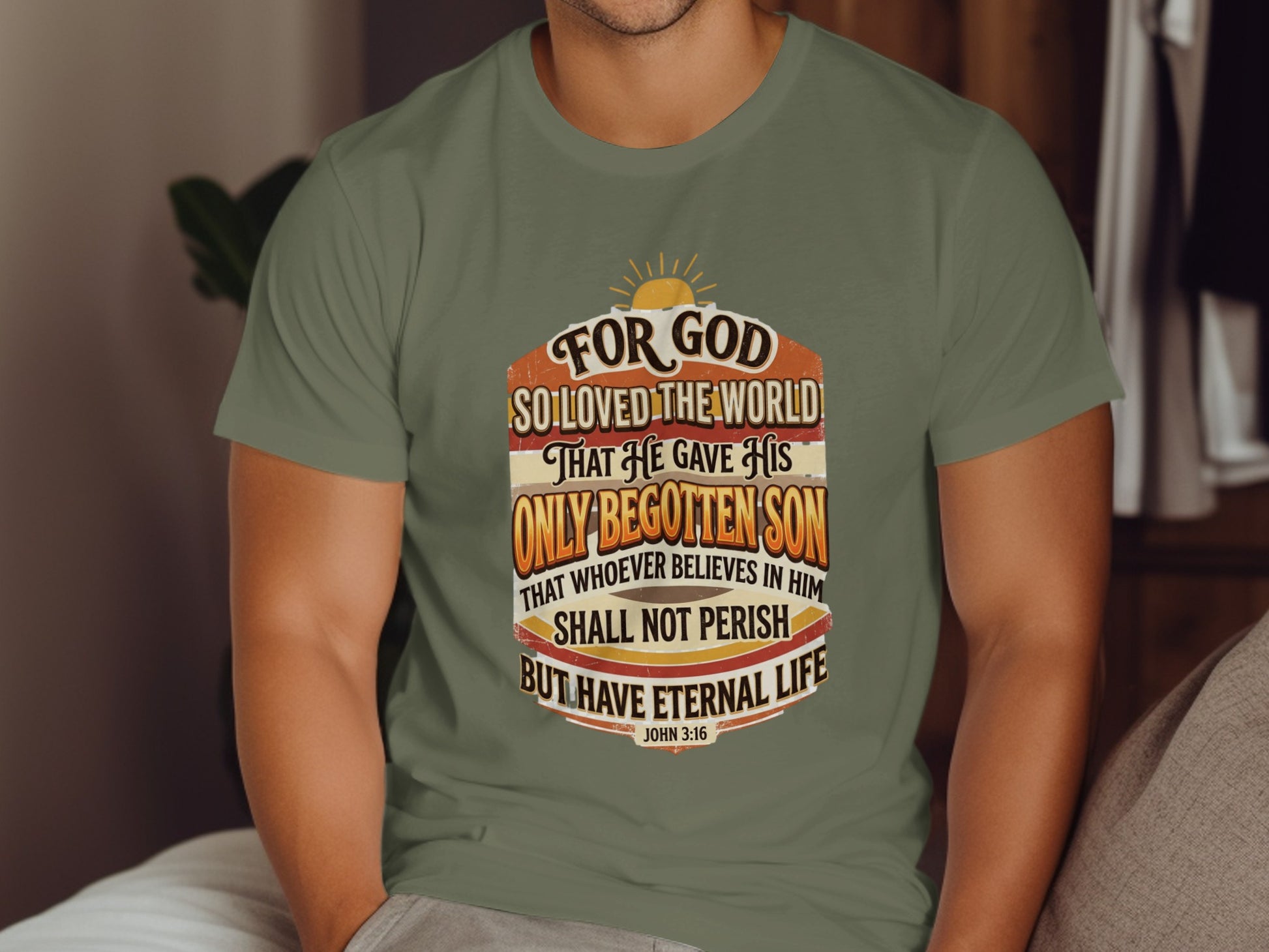 T-shirt with John 3:16 scripture in a distressed, vintage style.