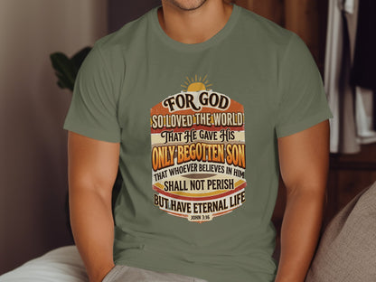 T-shirt with John 3:16 scripture in a distressed, vintage style.