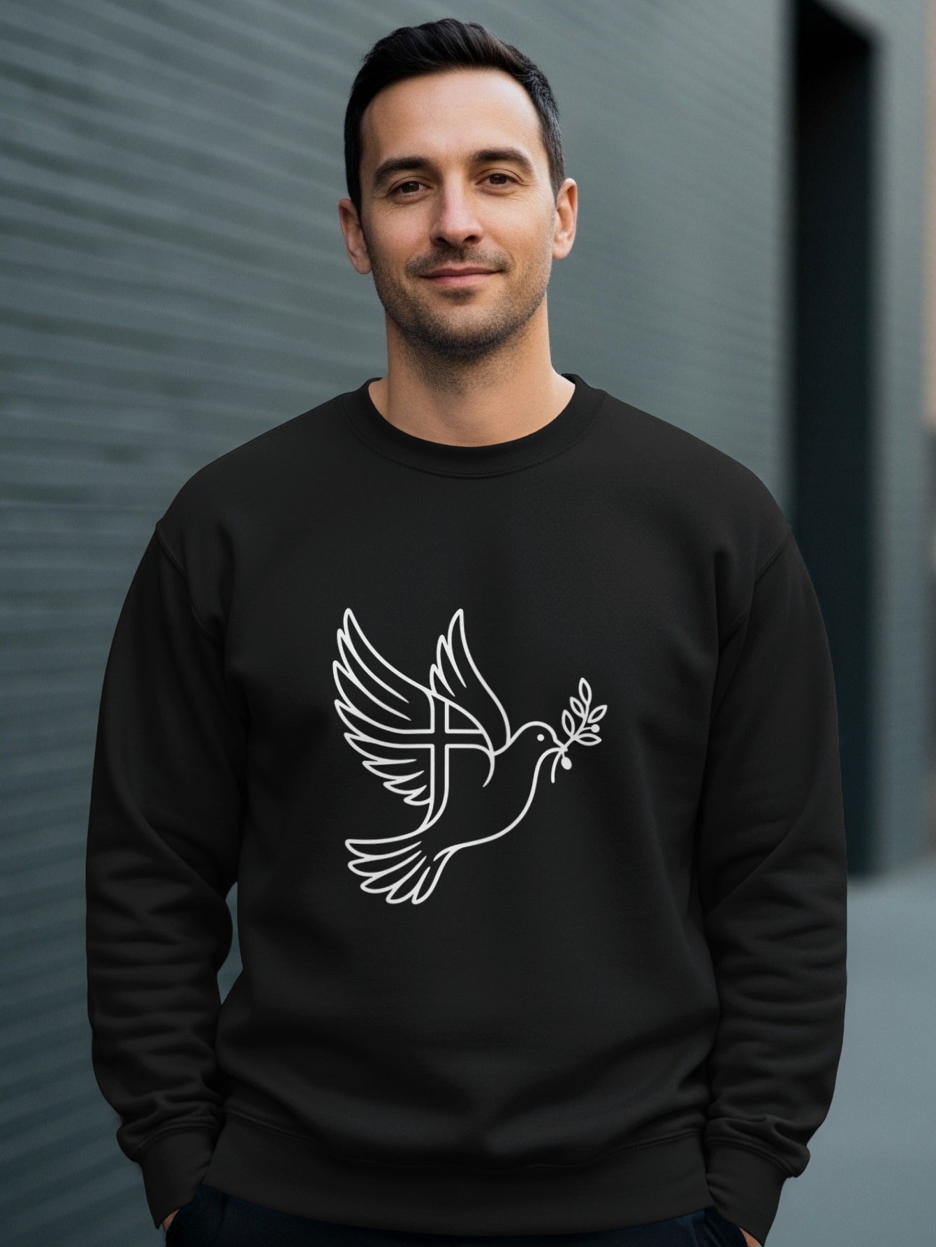 Black sweatshirt with white outline of a dove carrying an olive branch.