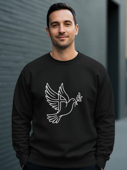 Black sweatshirt with white outline of a dove carrying an olive branch.