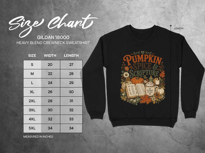 Gildan 18000 sweatshirt size chart with "Pumpkin Spice & Scripture" graphic.
