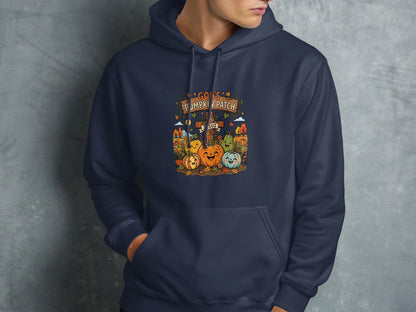 Navy hoodie with "God's Pumpkin Patch" Halloween graphic featuring smiling pumpkins.