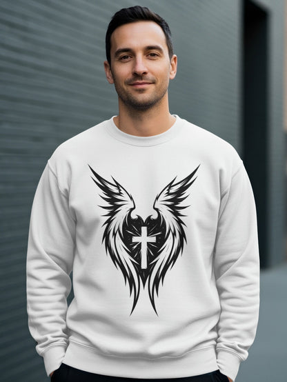 White sweatshirt with black winged cross graphic.