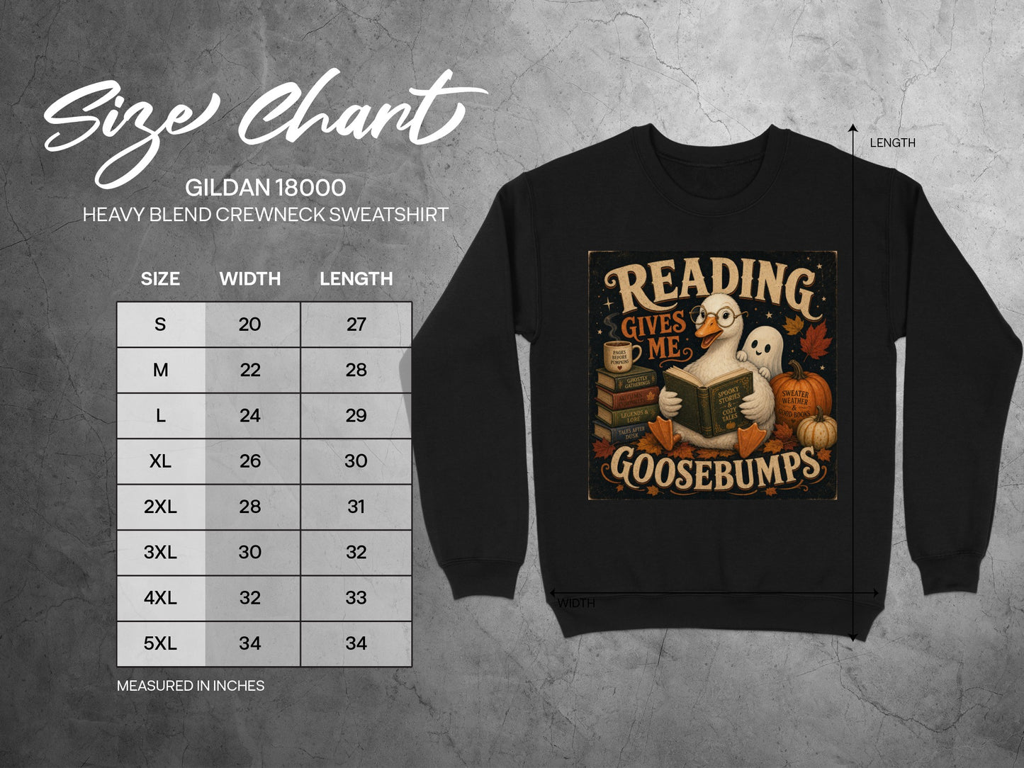 Gildan 18000 sweatshirt size chart with measurements in inches.