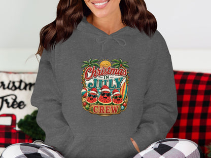 Christmas in July crew graphic on dark gray hoodie.