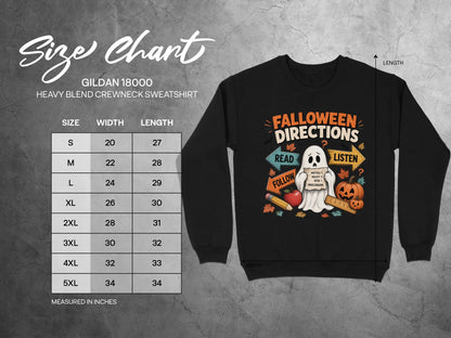 Gildan 18000 size chart for heavy blend crewneck sweatshirt with Halloween graphic.