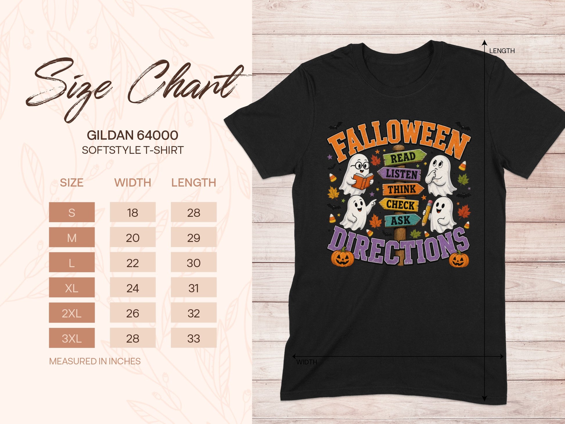 Black t-shirt with "Falloween" graphic and size chart with measurements.