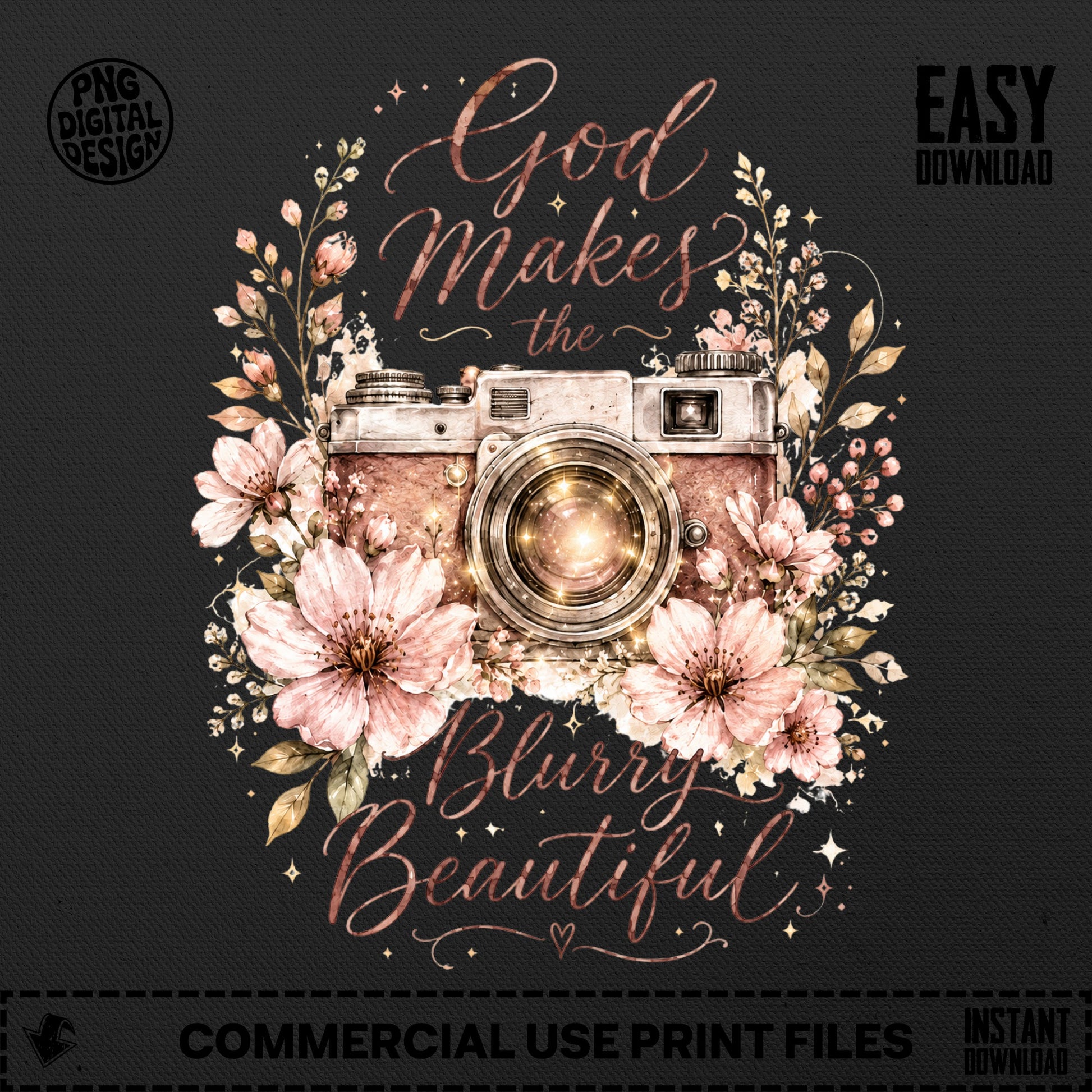 Vintage camera surrounded by flowers with text "God Makes the Blurry Beautiful".