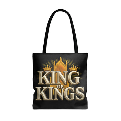 Black tote bag with golden "KING OF KINGS" text and royal throne imagery.