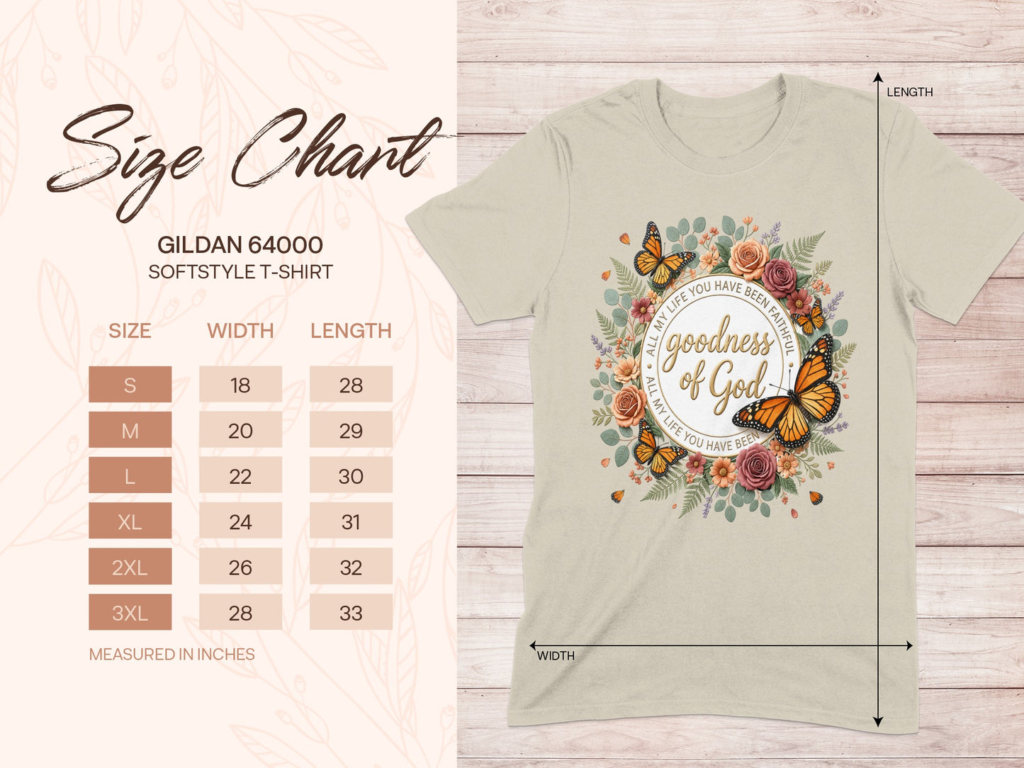 Gildan 64000 size chart with t-shirt graphic featuring "goodness of God".