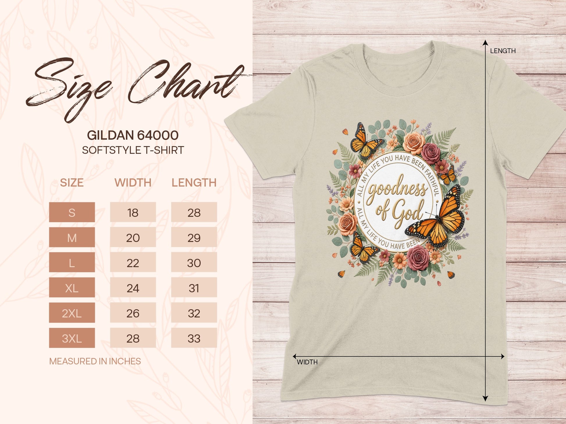 Gildan 64000 size chart with t-shirt graphic featuring "goodness of God".