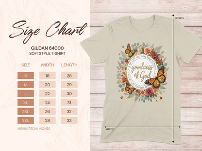 Gildan 64000 size chart with t-shirt graphic featuring "goodness of God".