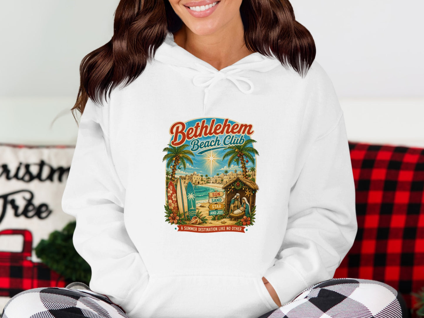 Bethlehem Beach Club graphic with nativity scene and beach elements.