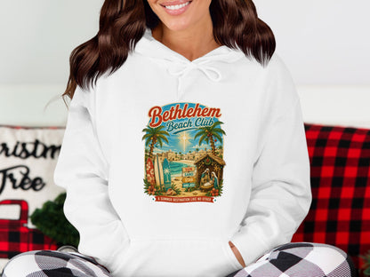 Bethlehem Beach Club graphic with nativity scene and beach elements.