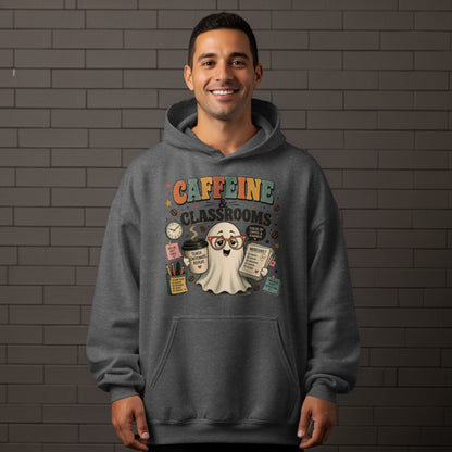 Dark gray hoodie with a graphic of a ghost holding coffee and a worksheet.