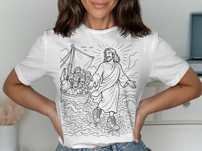 Jesus walking on water with people in a boat taking selfies.