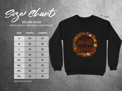 Gildan 18000 sweatshirt size chart with width and length measurements.