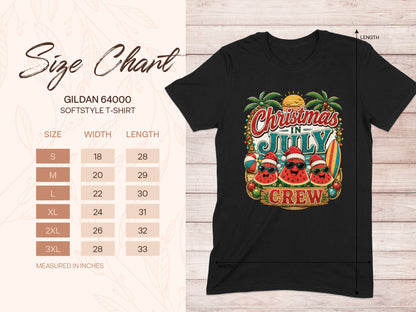 Gildan 64000 size chart with Christmas in July crew t-shirt graphic.