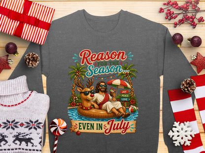 Jesus in a pool float, "Reason for the Season Even in July" text.