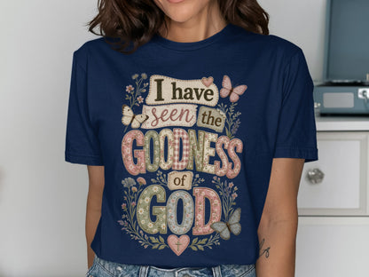 Navy t-shirt with floral text "I have seen the goodness of God".