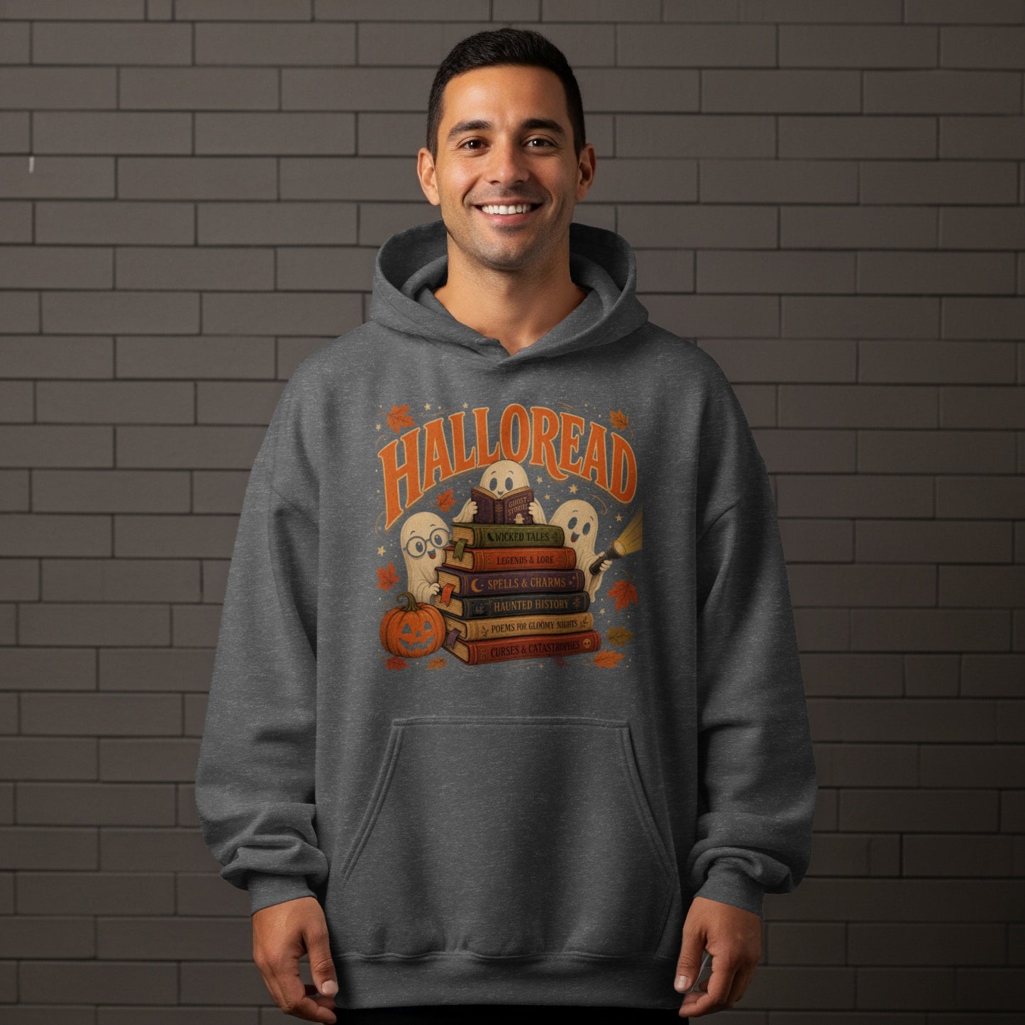 Halloween themed sweatshirt with ghosts reading books and text "Halloread".
