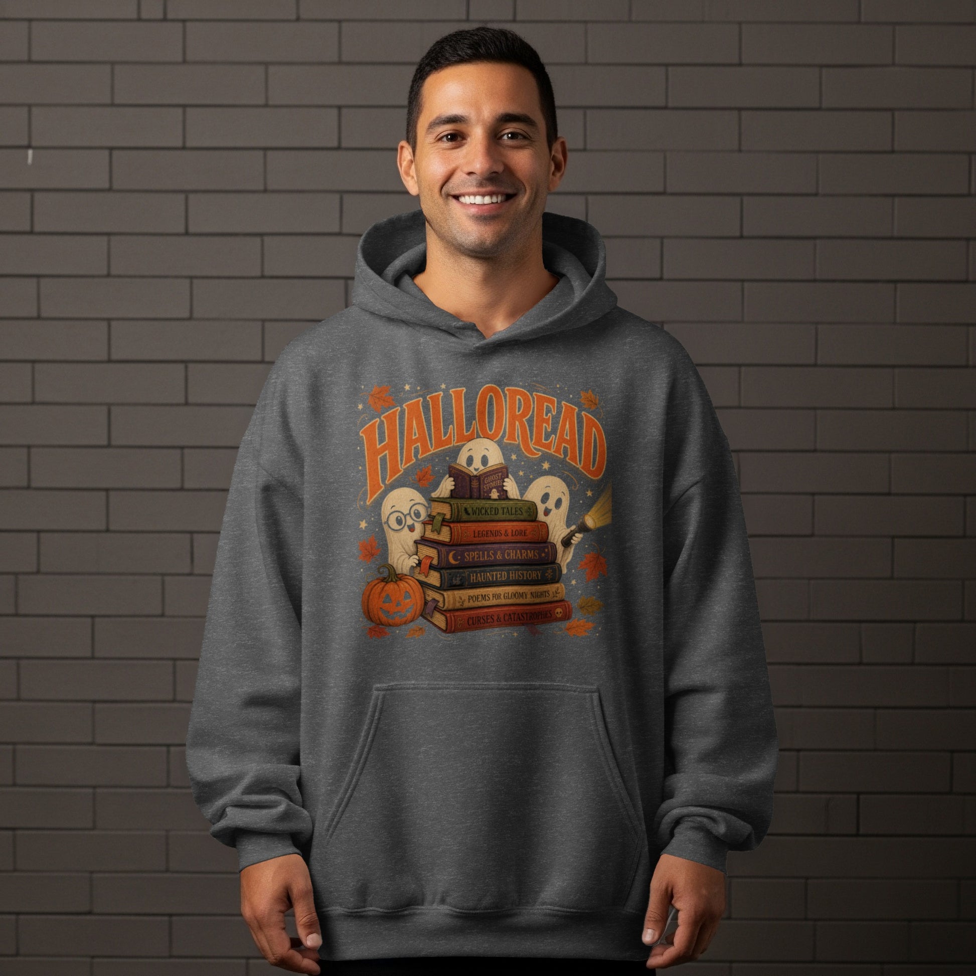 Halloween themed sweatshirt with ghosts reading books and text "Halloread".