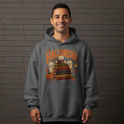 Halloween themed sweatshirt with ghosts reading books and text "Halloread".