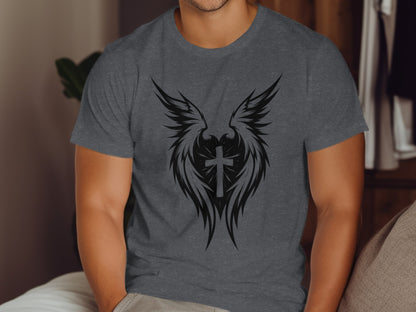 Dark gray t-shirt with a black tribal cross and wing design.