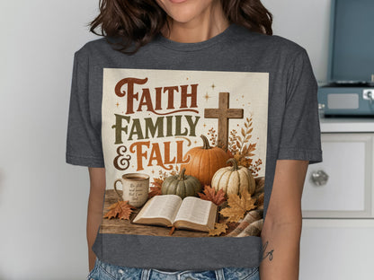 Faith Family & Fall graphic with pumpkins, cross, open Bible, and mug.