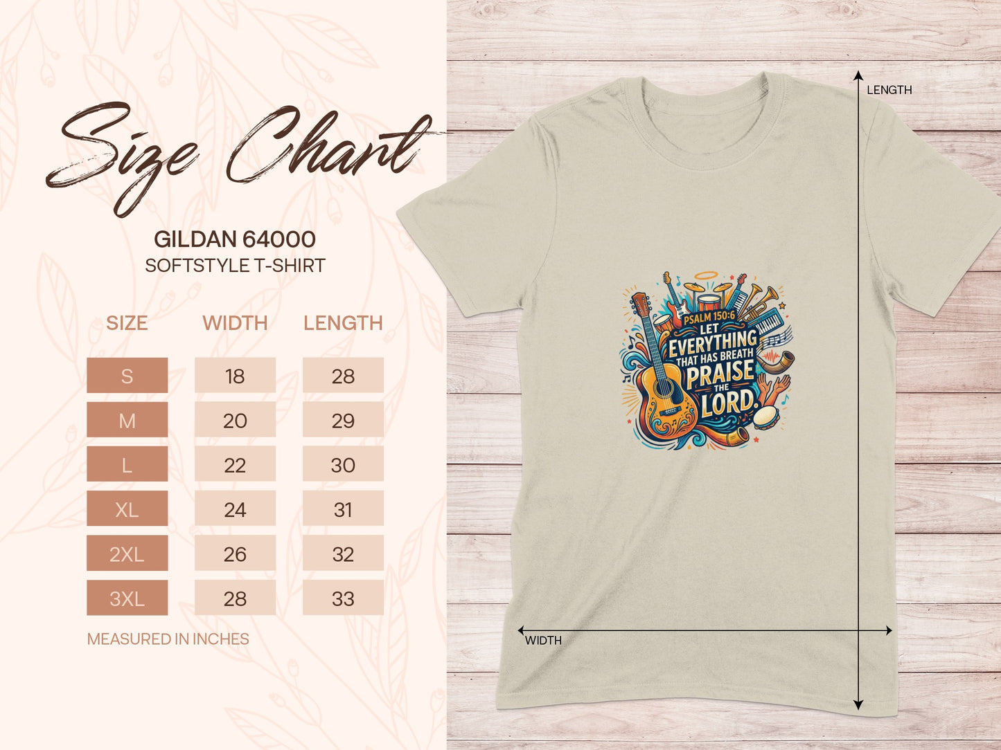 Gildan 64000 size chart with t-shirt graphic reading "Let everything that has breath praise the Lord."