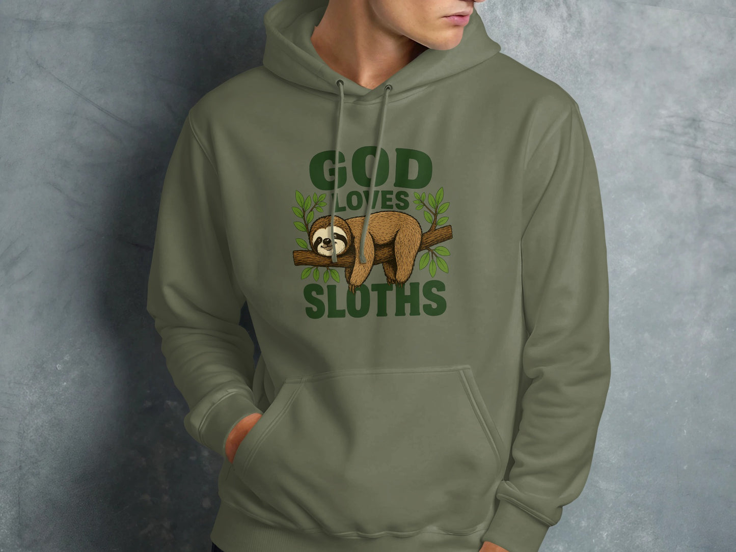 Green hoodie with sloth graphic and text "God Loves Sloths".