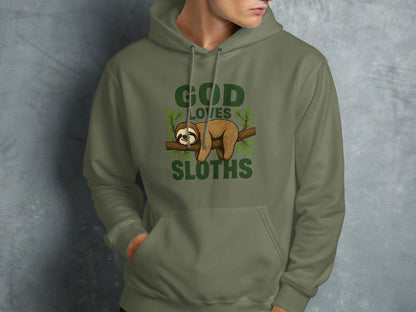 Green hoodie with sloth graphic and text "God Loves Sloths".