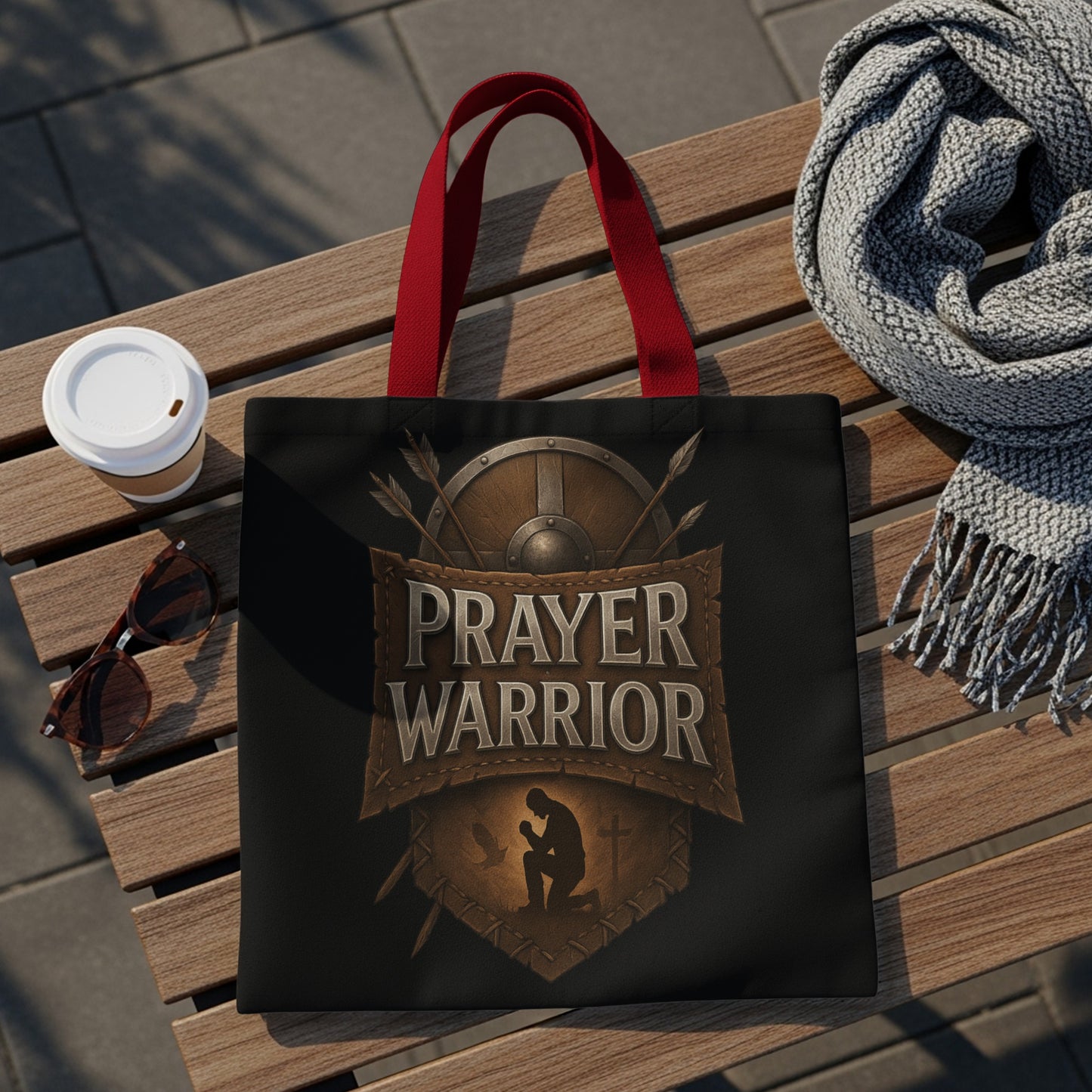 Black tote bag with "Prayer Warrior" text, kneeling figure, shield, and arrows design.