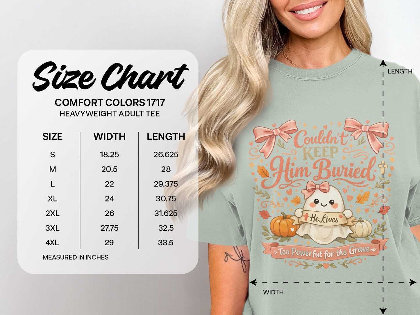 Size chart for Comfort Colors 1717 heavyweight adult tee with graphic.