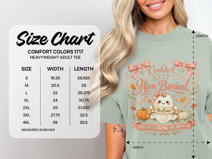 Size chart for Comfort Colors 1717 heavyweight adult tee with graphic.