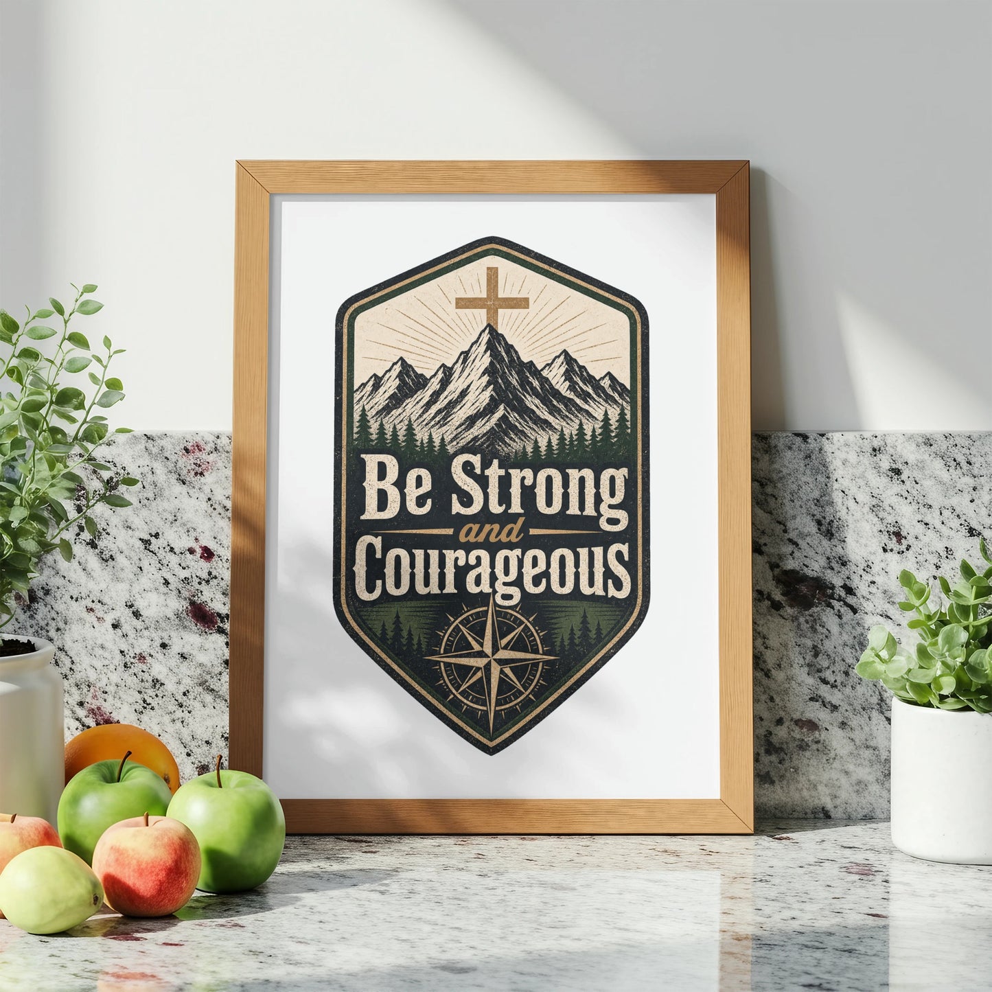 Framed artwork with mountains, cross, compass, and text "Be Strong and Courageous".