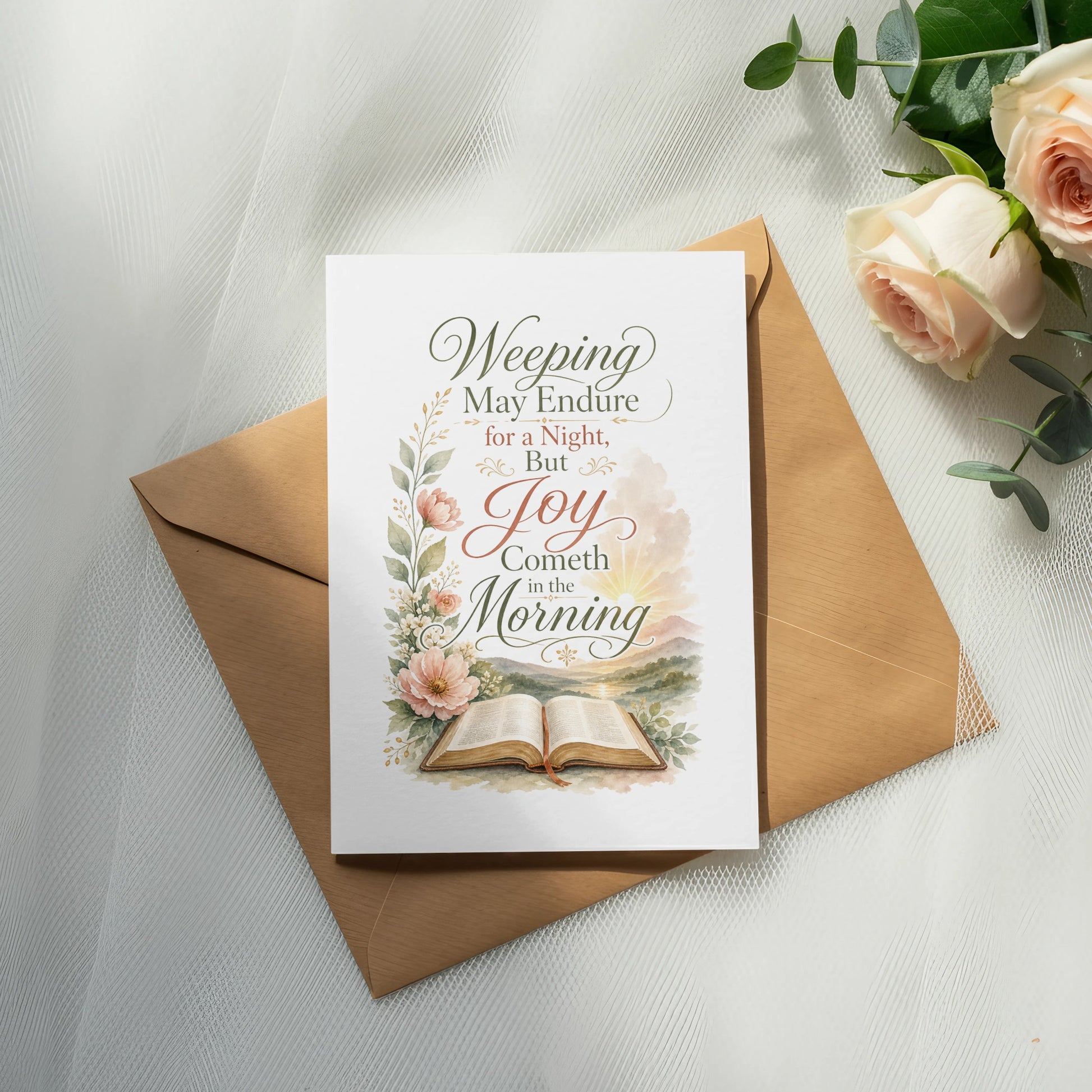 Card with "Weeping May Endure for a Night, But Joy Cometh in the Morning" and open book.