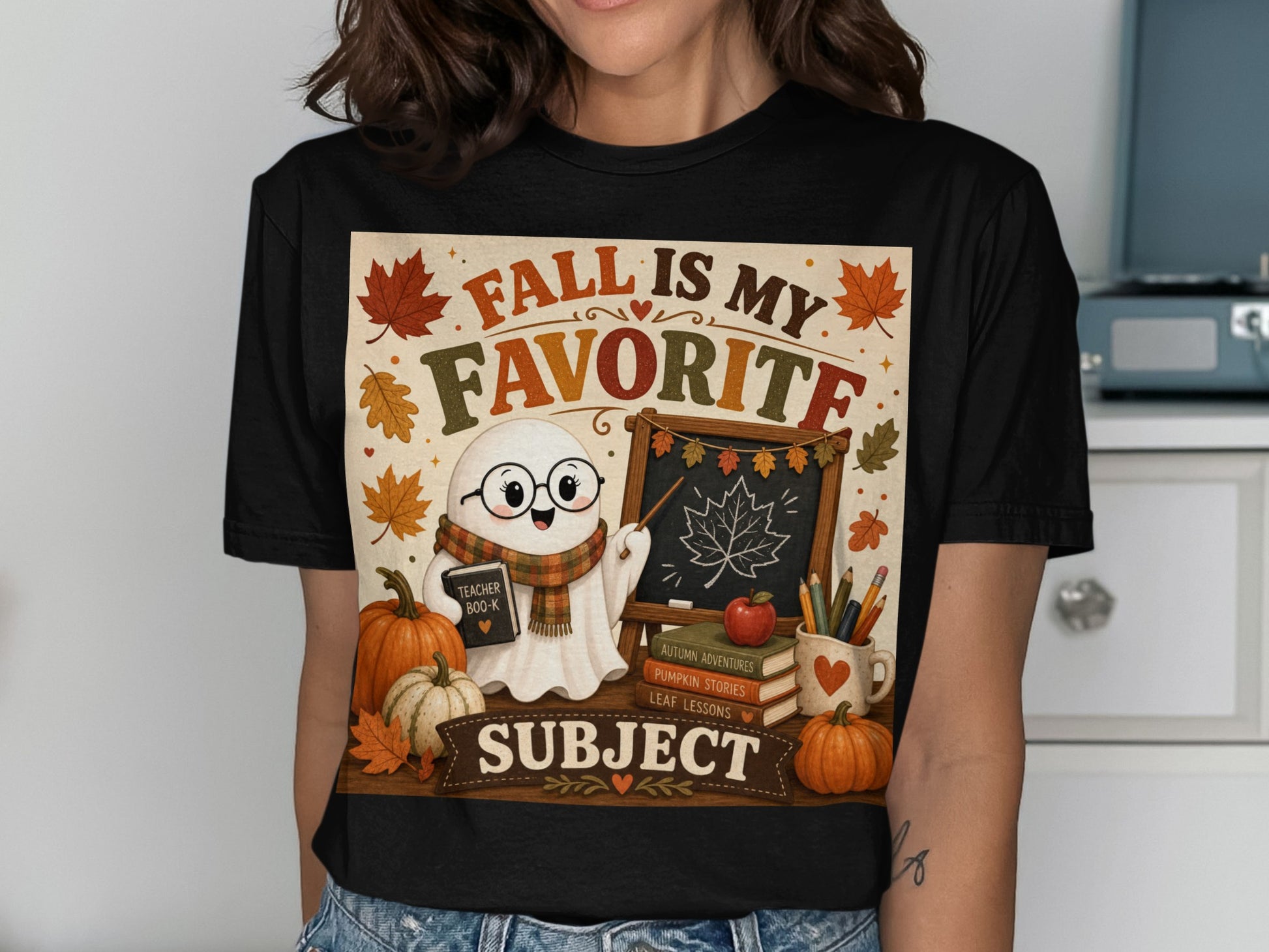 Ghost teacher with pumpkins and books, "Fall is my favorite subject" text.