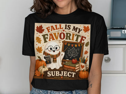 Ghost teacher with pumpkins and books, "Fall is my favorite subject" text.