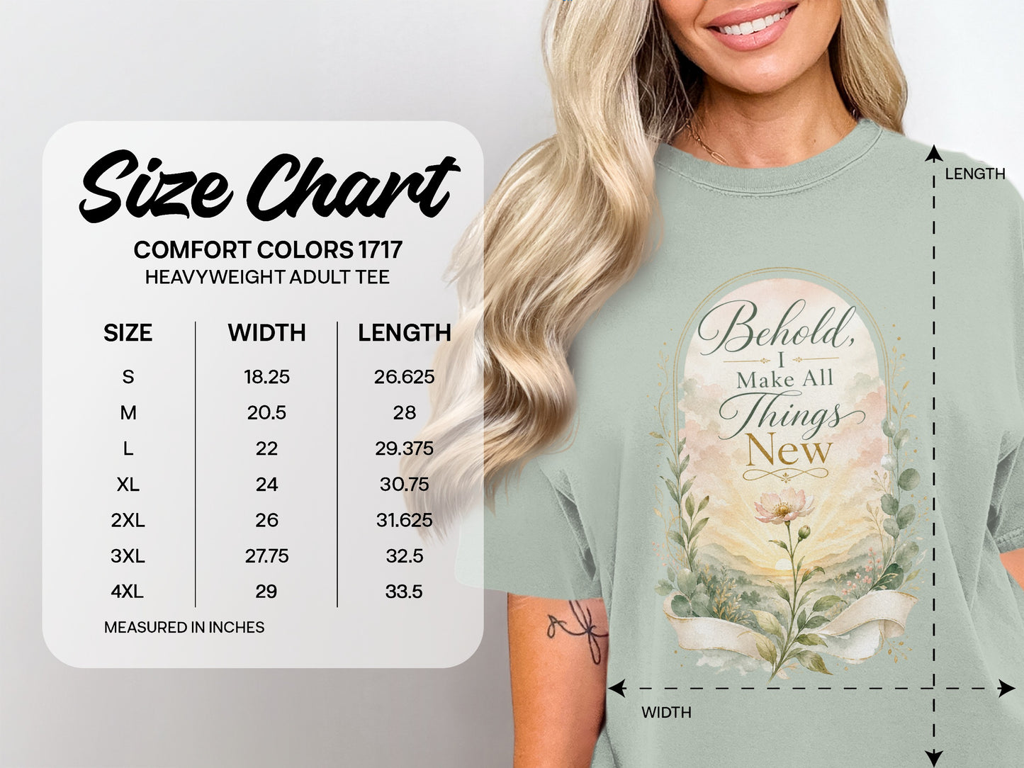 Comfort Colors 1717 heavyweight adult tee size chart with width and length measurements. Behold I Make All Things New graphic.