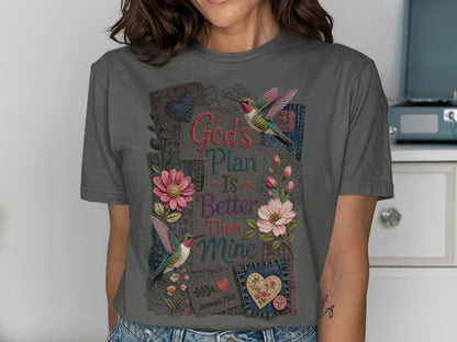 Gray t-shirt with hummingbirds, flowers, and "God's Plan Is Better Than Mine" text.